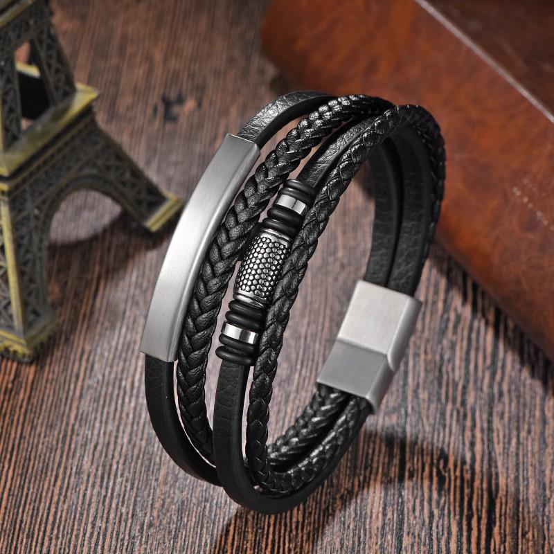 Stainless Steel Multi-Layer Braided Leather Bracelet Men With Magnetic Clasp Fashion Geometric Design