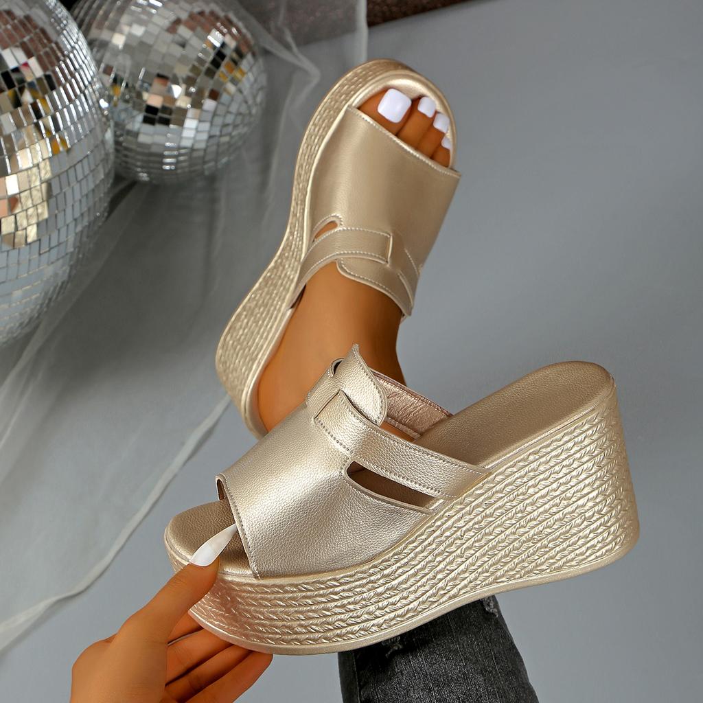 Shoes Woman 2025 Slippers for Swimming Pool Golden Wedge Peep Toe Round Headed Design Comfortable Beach Shoes Size 35-43