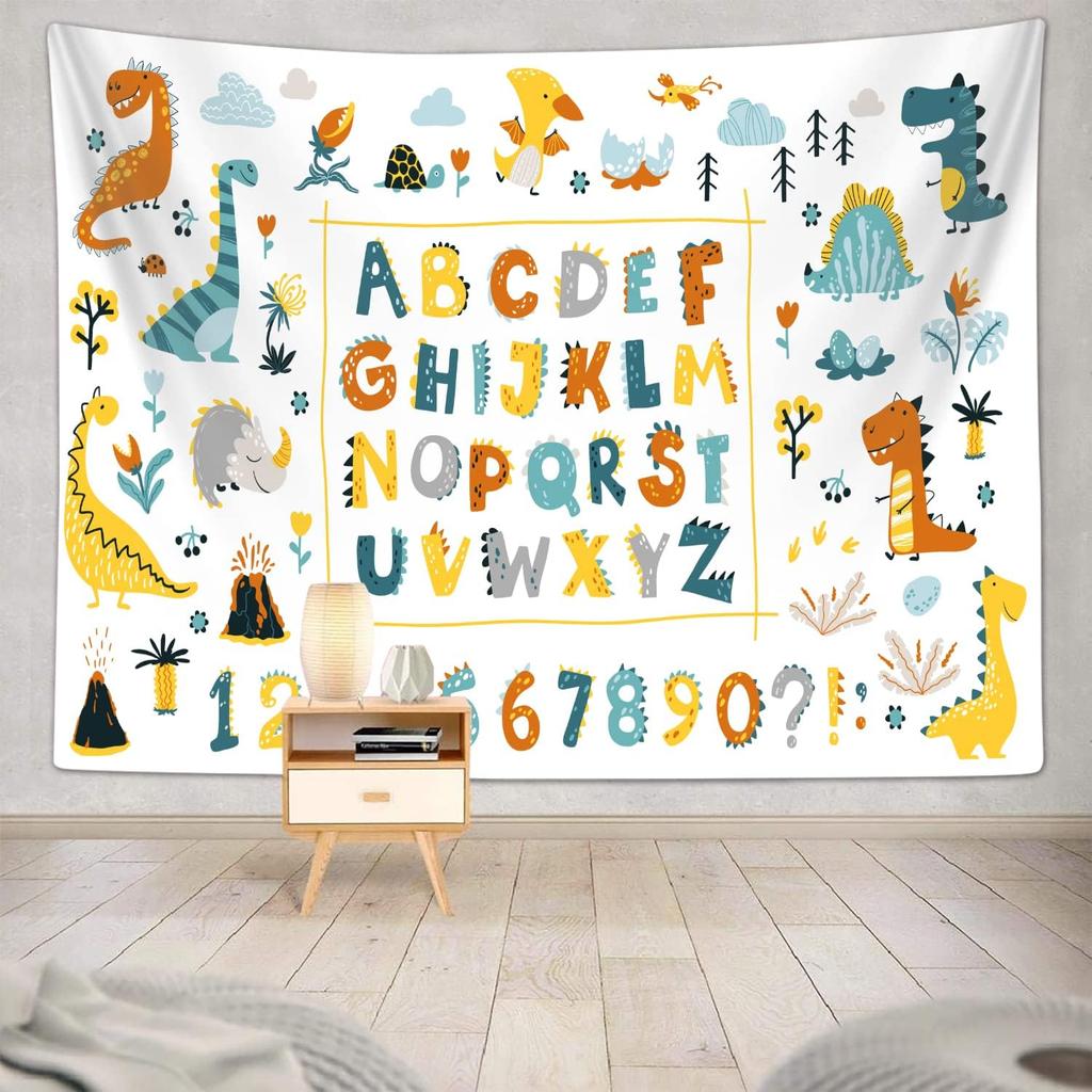 Alphabet Poster Tapestry for Boys Girls Bedroom ABC Learning for Toddlers Cute Dinosaur Art Educational Tapestries Wall Hanging