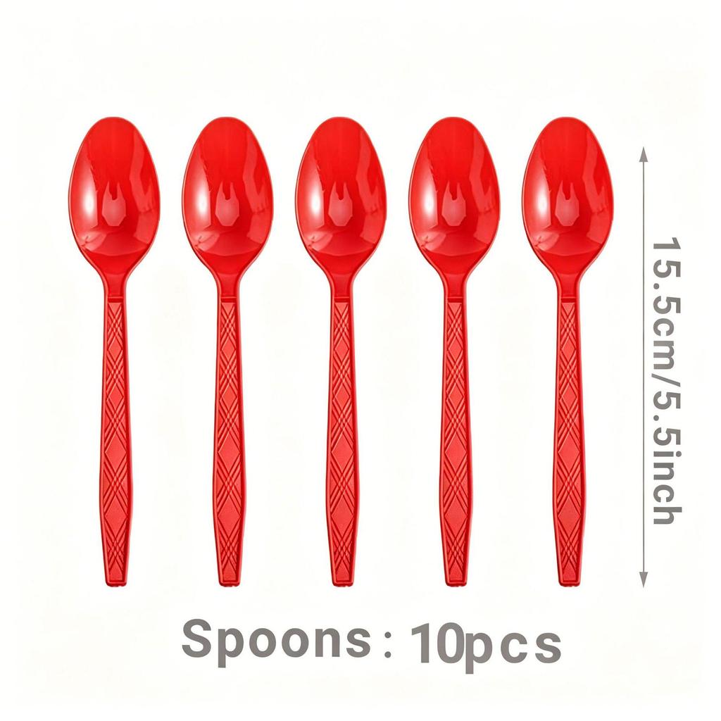 Red Birthday Party Disposable Tableware Set: Plates, Knives, Forks, Spoons, Tablecloth.