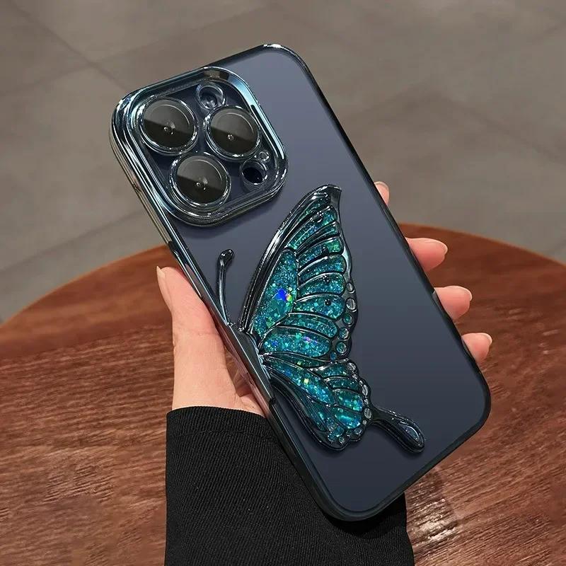 

Cartoon Butterfly Glitter Quicksand Case for iPhone 16 15 14 13 Pro Max Plus 11 12 Plating Gradient Bling Camera Film Soft Cover For iPhone 13