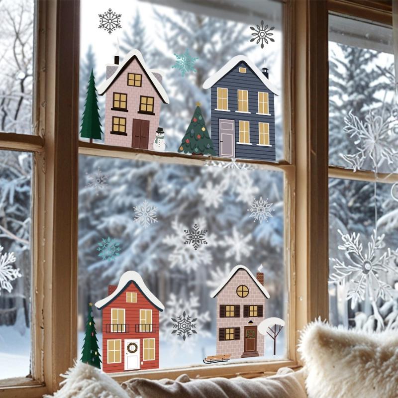 Christmas Houses Window Stickers Removable Self-adhesive Double Sided Snowflakes Xmas Tree Wall Glass Decals For Home Decoration