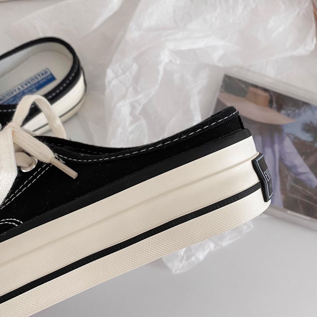 Platform Canvas Shoes Half-drag Women's Shoes Little White Shoes Women's 2025 Spring New Models Without Heels, Half-stepping Lazy Shoes Women