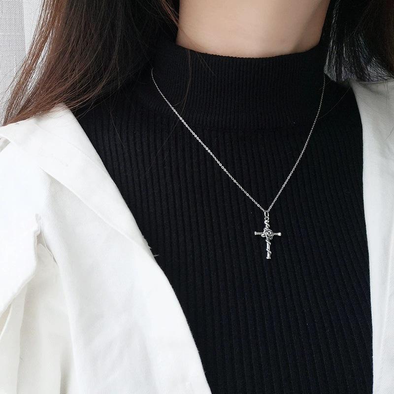 Rose Cross Design Pendant Gothic Man's Necklace For Women Street Party Jewelry Charms Female Gifts