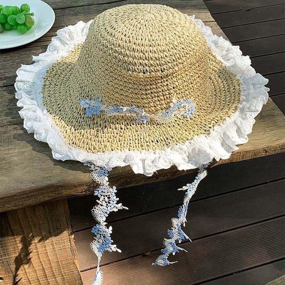 with Garland Big Brimmed Straw Hat Lightweight Woven Sun Cap Vacation Beach Cap  Fashion Show