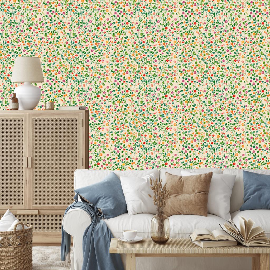 Wallpaper Small Flowers Cream, Beige, Lime and Green 50x1000