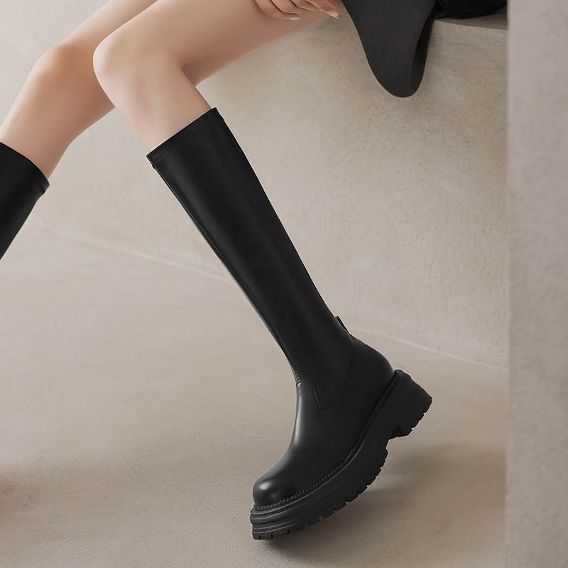 Krazing Pot Microfiber Autumn Winter Shoes Thick Bottom Platform Size 43 Long Boots Zipper Punk Style Thigh High Boots