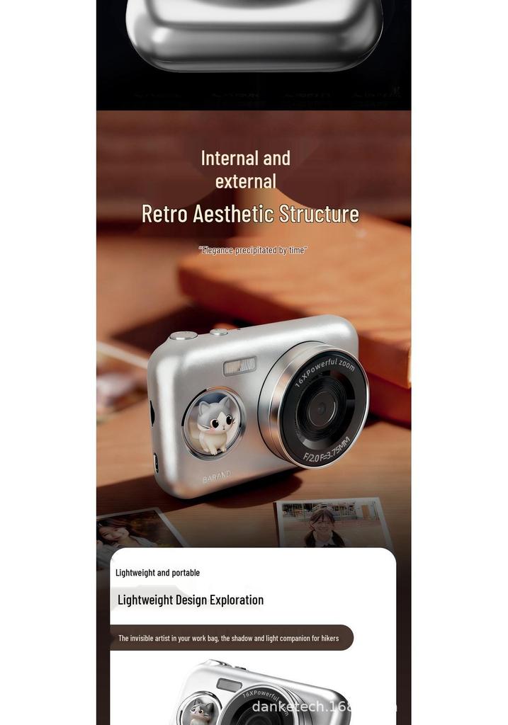 Cute Cat Retro Digital Camera with One-Click Photo Output, 16x Zoom, and Large Aperture