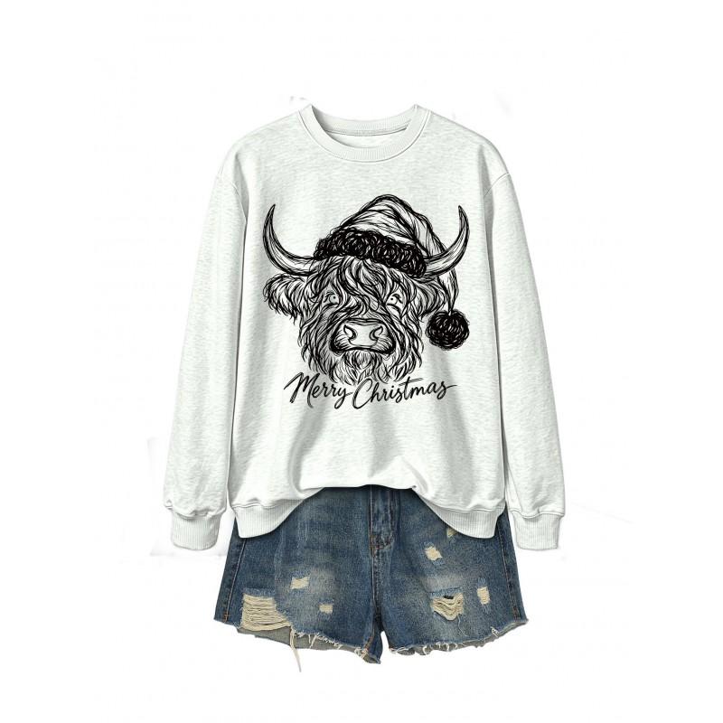 Womens Casual Fashion Christmas Yak Head Print Crewneck Sweatshirt Regular Fit Daily Wear