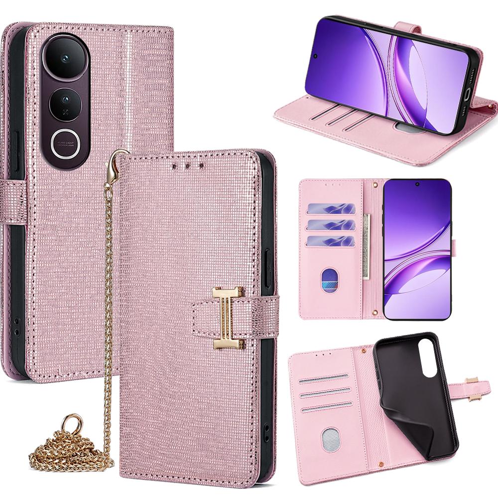 

For vivo V50 Lite 5G Case Wallet Sequins Leather Crossbody Phone Cover Rose Gold