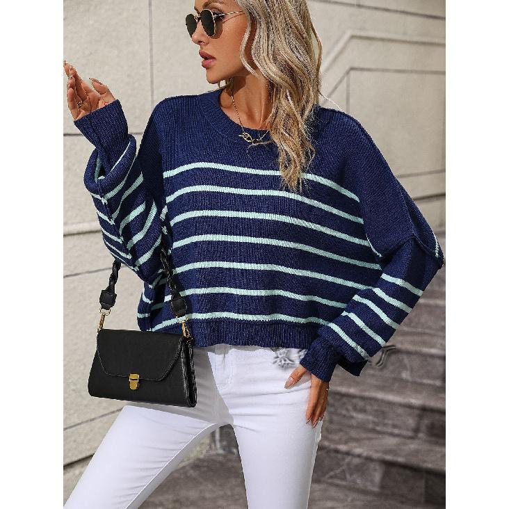 2024 Autumn And Winter New European And American Round Neck Women'S Knitted Sweater Loose Pullover Striped Sweater