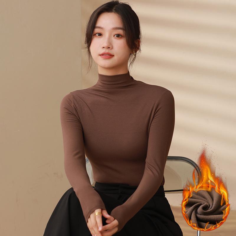 Semi-turtleneck Velvet Bottoming Shirt for Women In Autumn and Winter, Black and White Thickened Mid-neck Long-sleeved Top