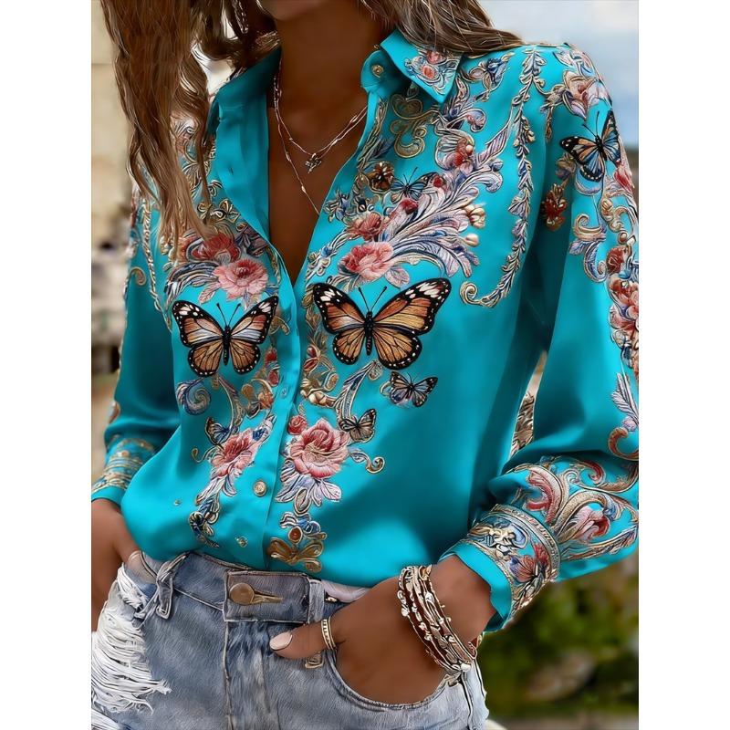 Women's Long Sleeved Shirt with 3D Flower Print and Tree Branch Pattern On the Lapel, Comfortable Men's Top