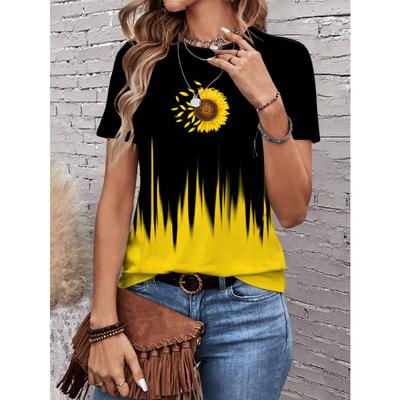 Casual And Simple Sunflower Tie Dye Printed Round Neck Short Sleeve Women's T-Shirt, Suitable For Summer
