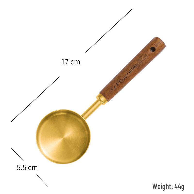 Gold-Plated Stainless Steel Measuring Cups & Spoons Set with Acacia Wood Handles, 8-Piece Kitchen Baking Tools.