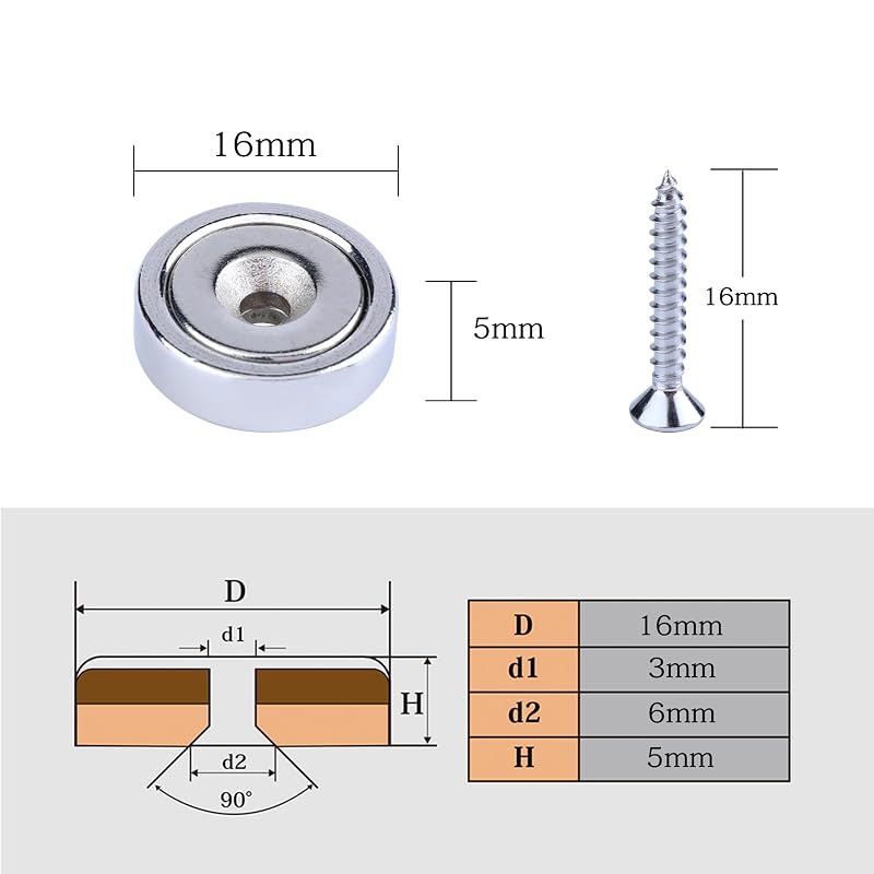 Strong Magnets, Perforated, Super Strong, with Screws, 16mm Diameter, Set of 10