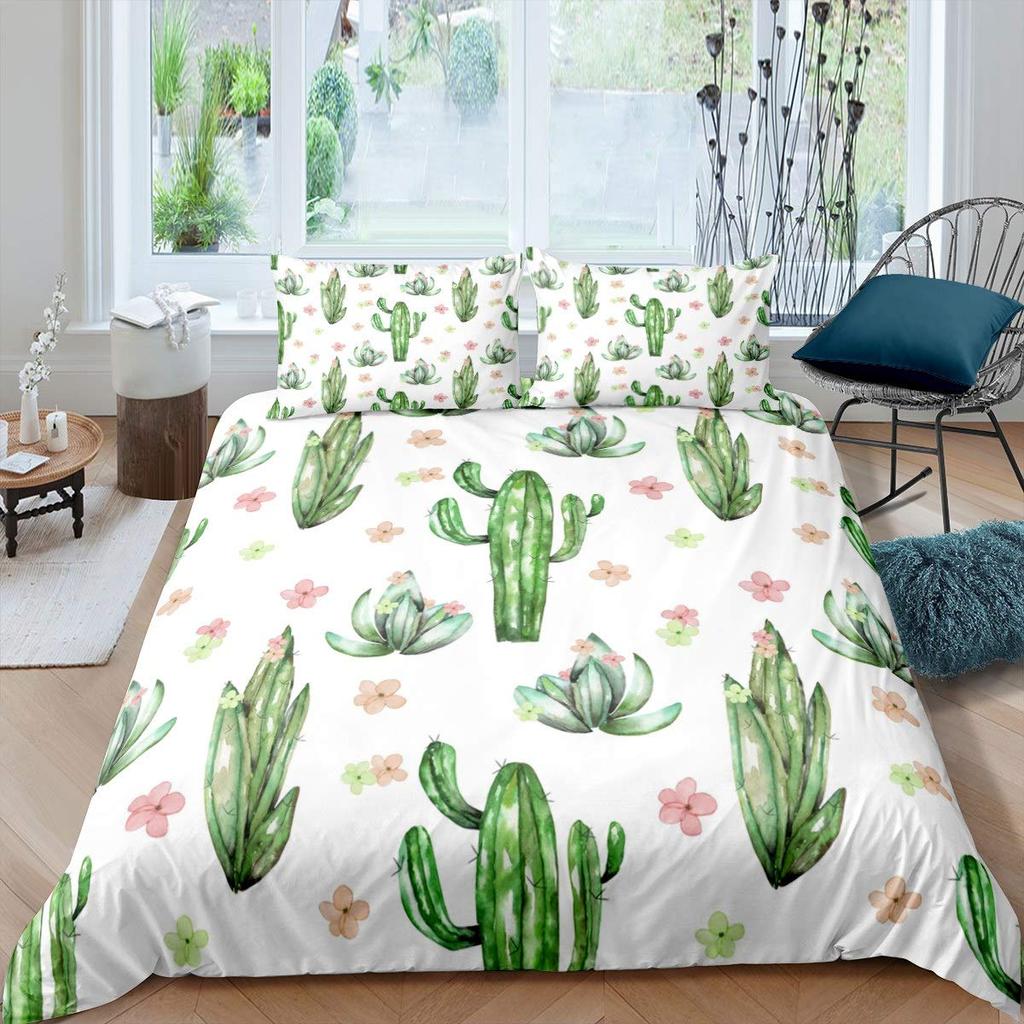Floral Bedding Set 3pcs Cactus Succulents and Flowers Decor Comforter Cover Plant Soft Polyester Quilt Cover with 2 Pillow Cases