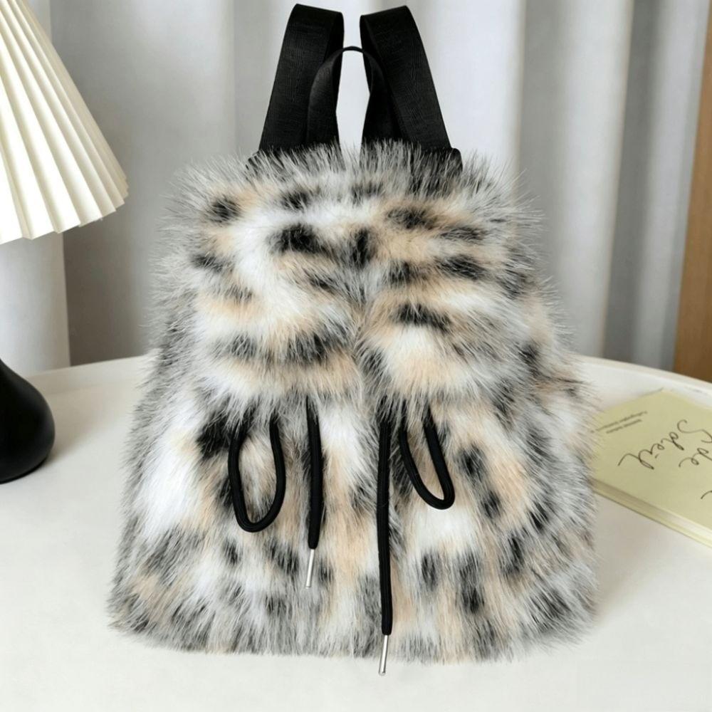Drawstring Mini Daypack Adjustable Closure Plush Knapsack Y2k Fashion Faux Fur Backpack Travel