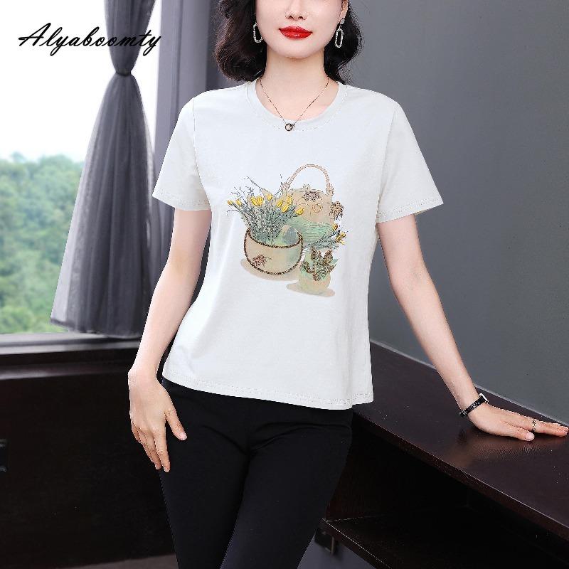 Plus Size Summer Women Basic Cotton Top O Neck Pink White Blue Embroidery Ladies' T-Shirt Short Sleeve Casual Loose Tee