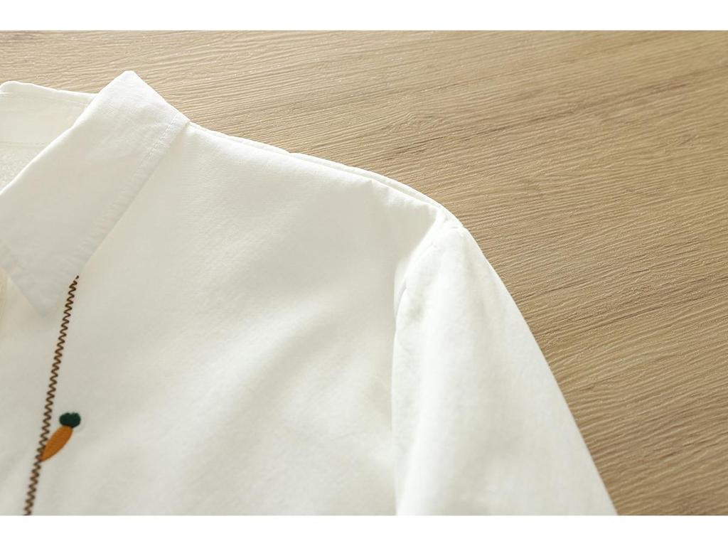 Women's Pure Cotton Flannel Long-Sleeve Shirt with Rabbit Embroidery - Warm, Thickened, Autumn/Winter Design