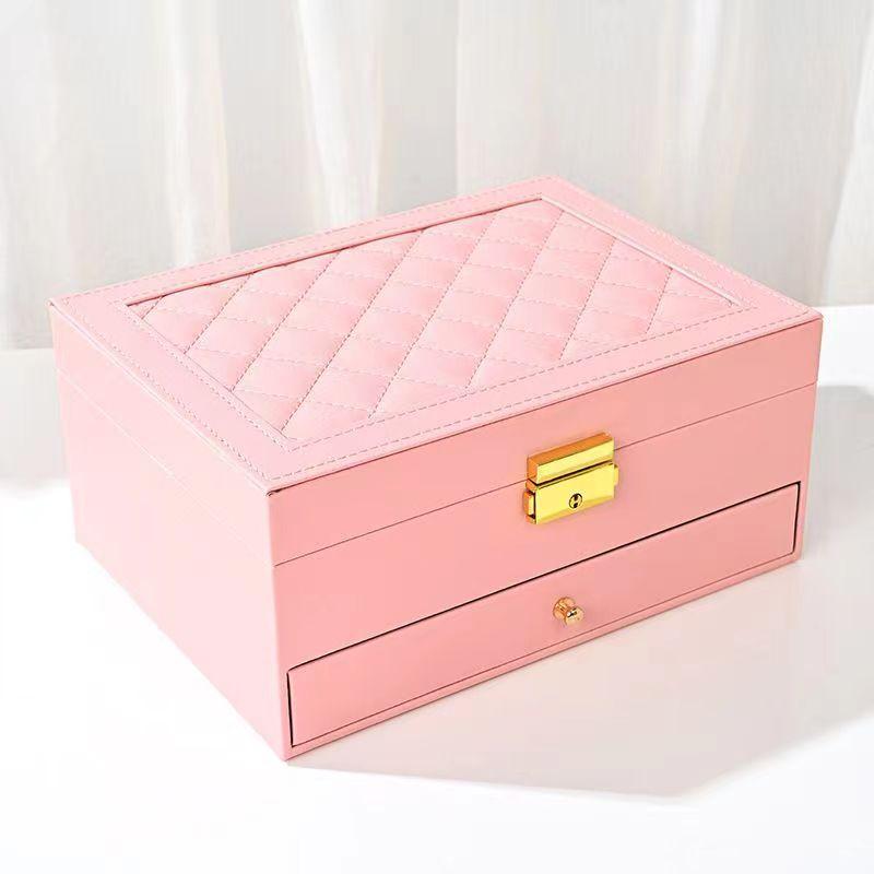2-Drawer Jewelry Box Large Capacity Jewelry Storage Box with Lock Diamond Pattern Ring Jewelry Gift Box Accessories Packaging Box PU Leather Material