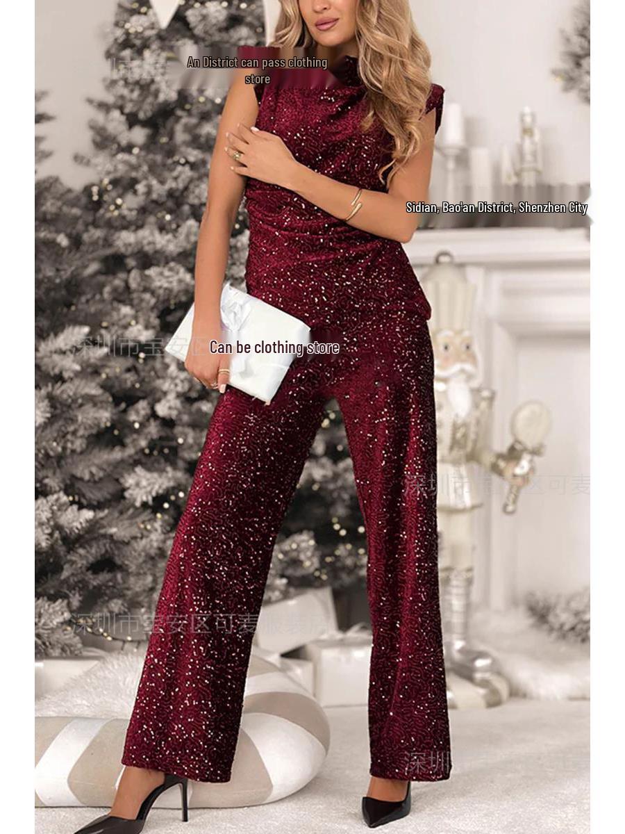 

2025 Women s Fashion Slim Fit Sleeveless Pullover & Pants Set M багровый