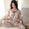 Cotton and silk floral women's new Chinese style pajamas set summer short-sleeved nine-point pants loungewear can be worn outside idyllic style