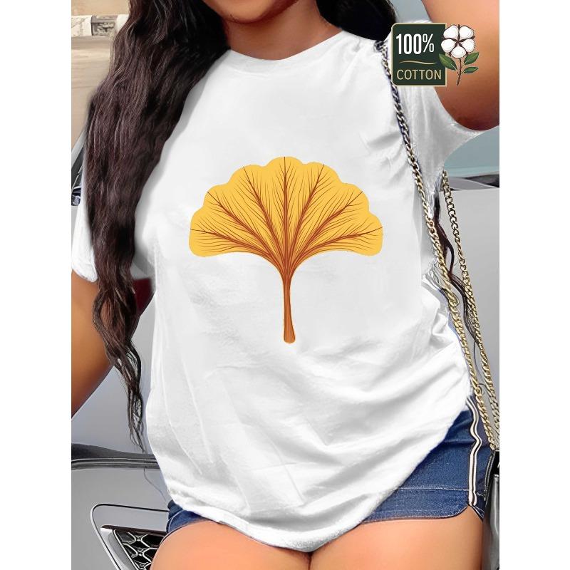 

Womens Plus Size Golden Gingko Leaf Print T Shirt Black Casual Round Neck All Season Floral Tee Top S белый