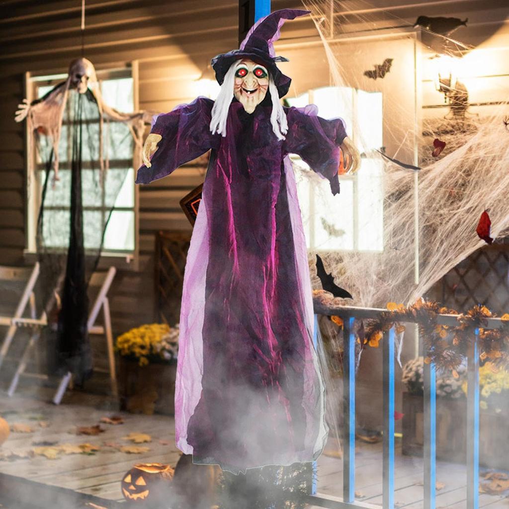 Nicro Hot Selling Latex Witch Ghost with Hat Hanging Pendant Haunted House Horror Glowing Long Hair Halloween Decorations