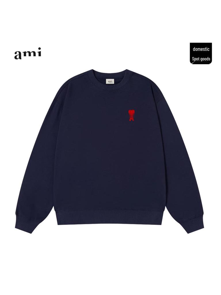 Unisex schwarzes Baumwoll-Rundhals-Sweatshirt mit Herzstickerei - Trendig und bequem für den Herbst.