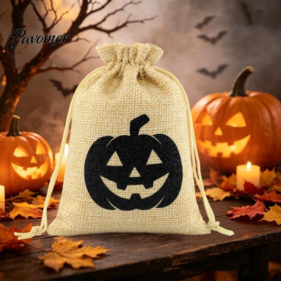 Small Fabric Storage Pouches Halloween Burlap Treat Bags, Pumpkin Ghost Bat Spider Witch Print Drawstring Rustic Bags Favors Candy for Cookies Snacks