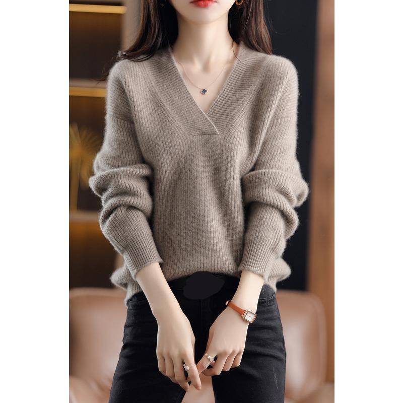 Autumn and Winter New V-neck Pullover Sweater Women's Fashion Loose Simple Knitted Thickened Tops Elegant Casual Solid Color Office Clothing