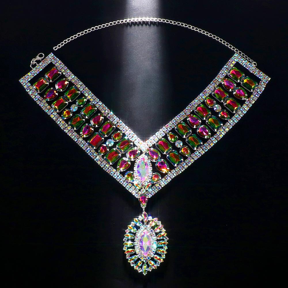 AB Colorful Rhinestone Exaggerated Jewelry Set Party Accessories Bridal Geometric Crystal Necklace Earrings Set for Women