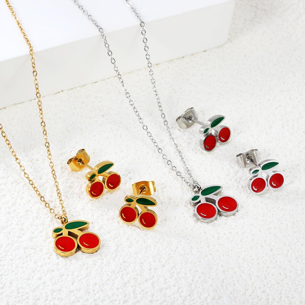 [Sweet And Cute Fruit Design Jewelry Set Drip Glaze Enamel Earrings And Necklace For Women]