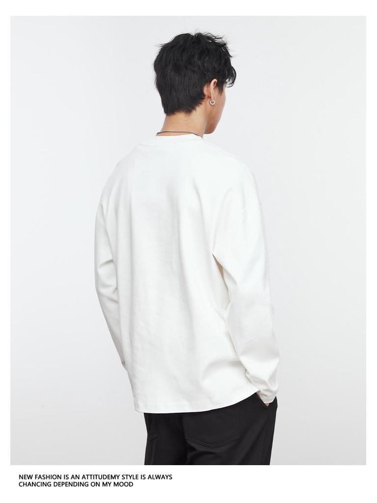 Yizhi Men's Spring Long Sleeve Crew Neck T-shirt with Hem Slit Design, Korean Style, Loose Fit