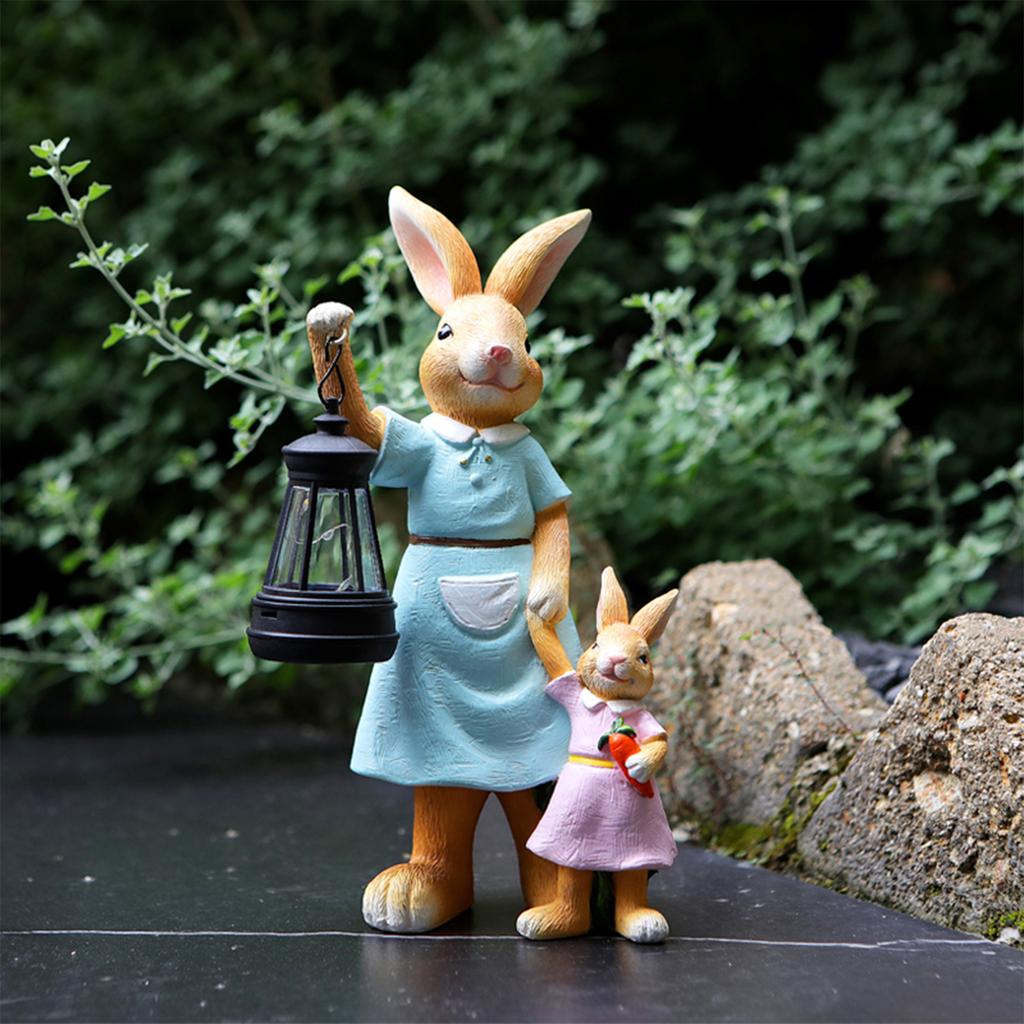 Resin Bunny Outdoor Figurines with Solar Lantern Cute Rabbit Animal Ornament for Xmas Party Outside Patio Yard Lawn Porch Decor