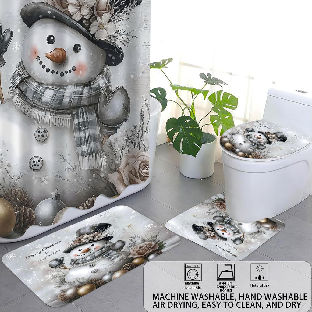 4pcs Christmas Cute Snowman Printed Bathroom Set 180x180 Waterproof Shower Curtain Floor Mat Toilet Mat U-shaped Mat