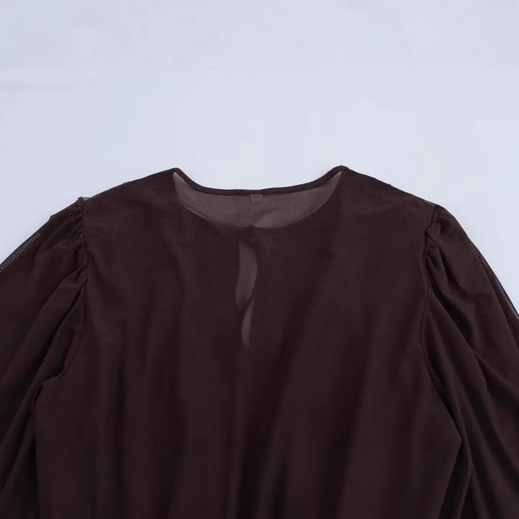 2025 Spring Women's European & American Style Round Neck Dress with Layered Decoration and Long Sleeves