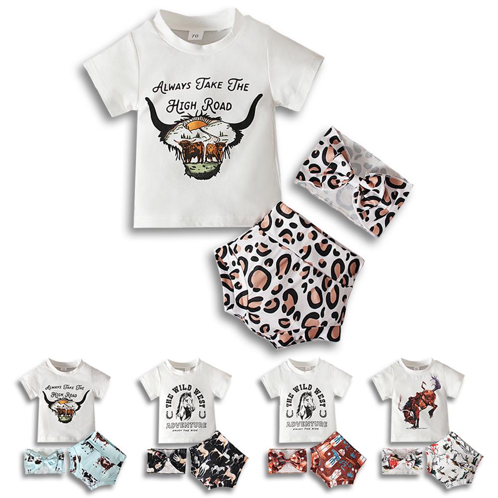 Summer Baby Animal Printed Tee Shirt + Shorts + Headband 3PCS Outfits Clothes for 0-3 Years