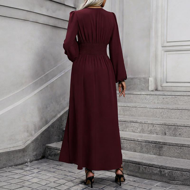 Women's Puff Sleeve Smocked High Slit Dress Fall Winter Elegant Party Dress for Women