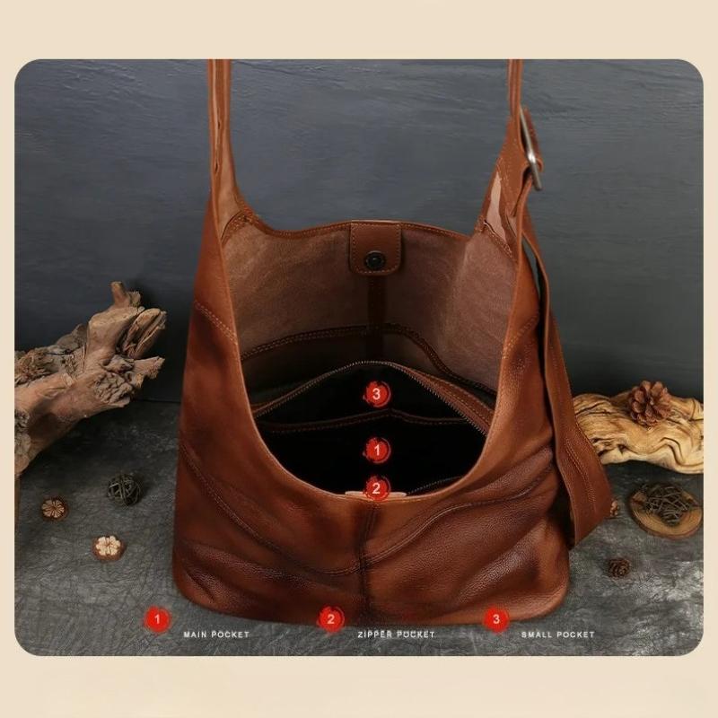 Johnature Large Capacity Genuine Leather Tote Bag Vintage Soft Cowhide Personalized Wide Shoulder Strap Shoulder Bag