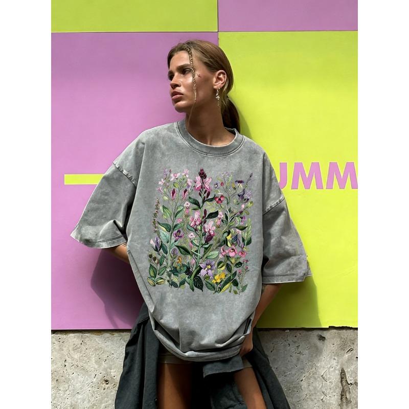 Having Different Beautiful Flowers Print Women Washed T Shirt Summer Loose T-Shirt Crewneck Cotton Clothes All-Match Streetwear S