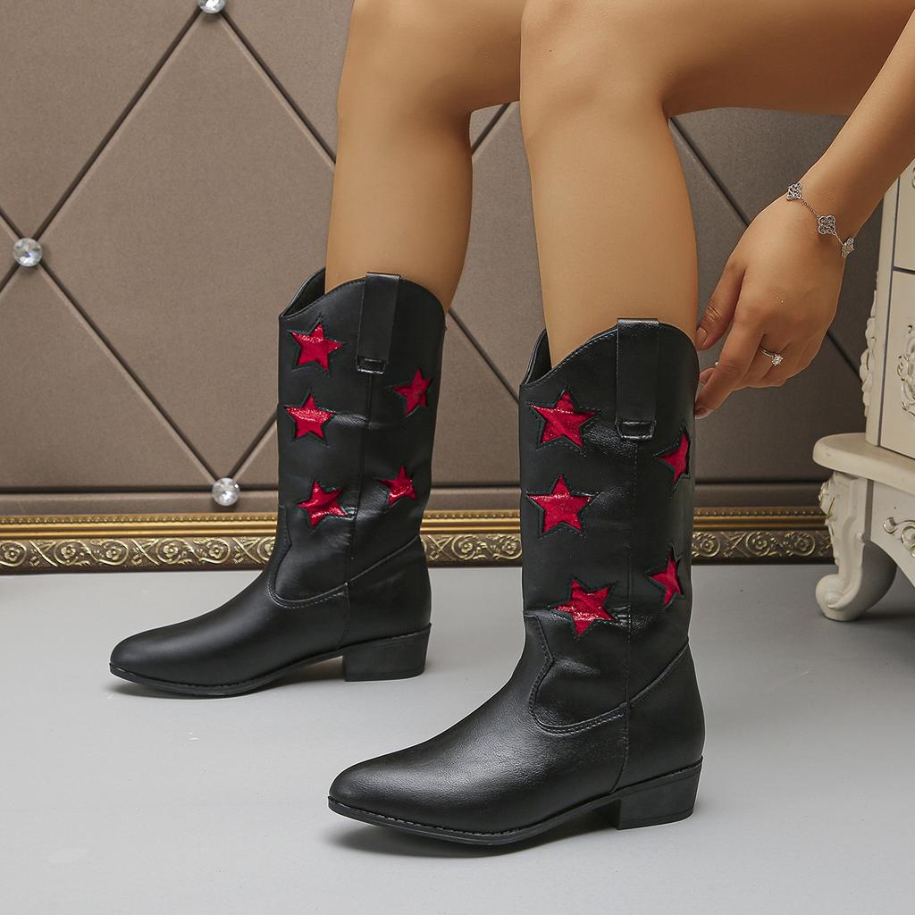 2025 New European and American Embroidered Pointed Mid Barrel Versatile Knight Boots Star Color Coarse Heel