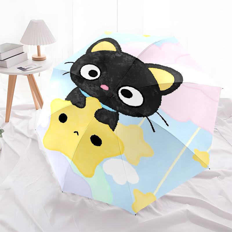 "Black Cat", "Star" Automatic Opening and Closing Parasol Compact Travel Umbrella with 8 Ribs for Women and Men Ideal Birthday/Christmas Gif