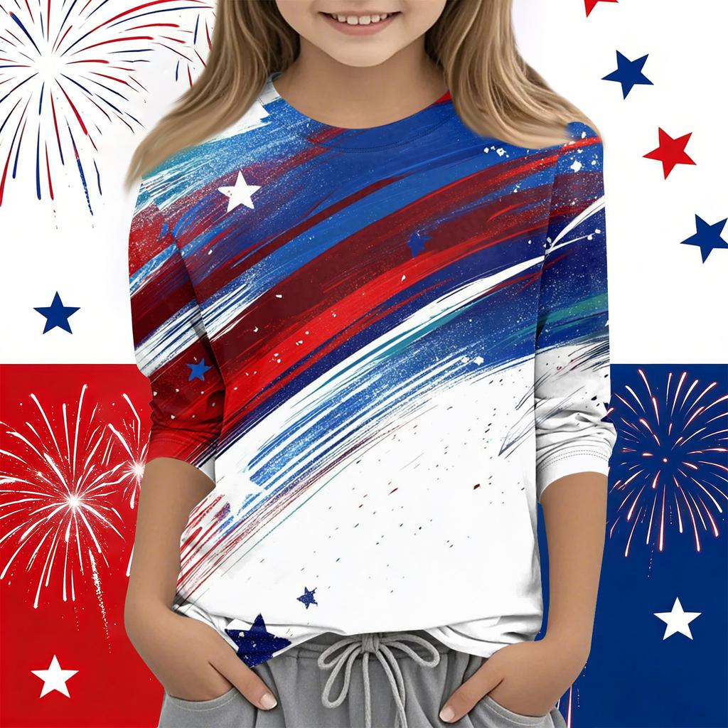 Print Tops For Youth Girls Round Neck 3/4 Sleeves T-Shirts Trendy Tops Outfit Tees Independence Day