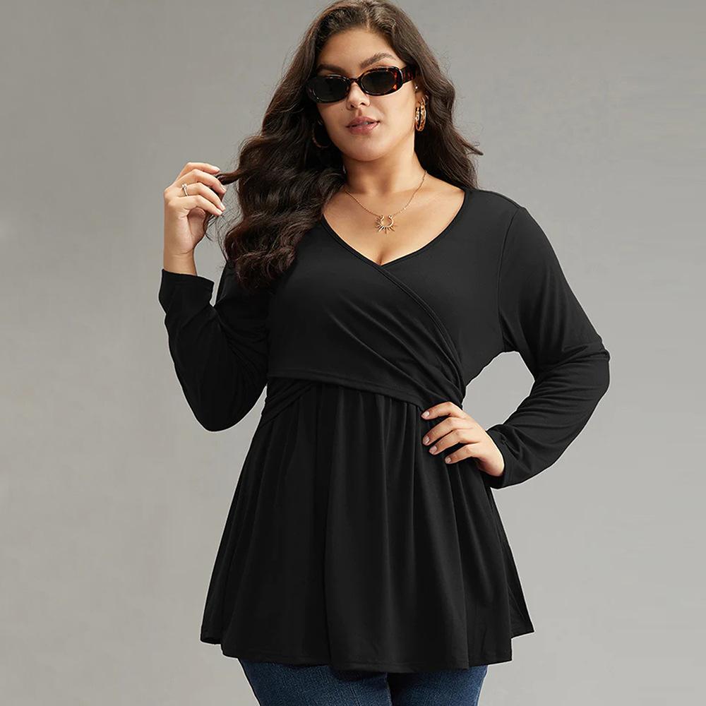 European and American large-size women's clothing autumn and winter waist ruffle edge sexy v-neck solid color long-sleeved t-shirt temperament top