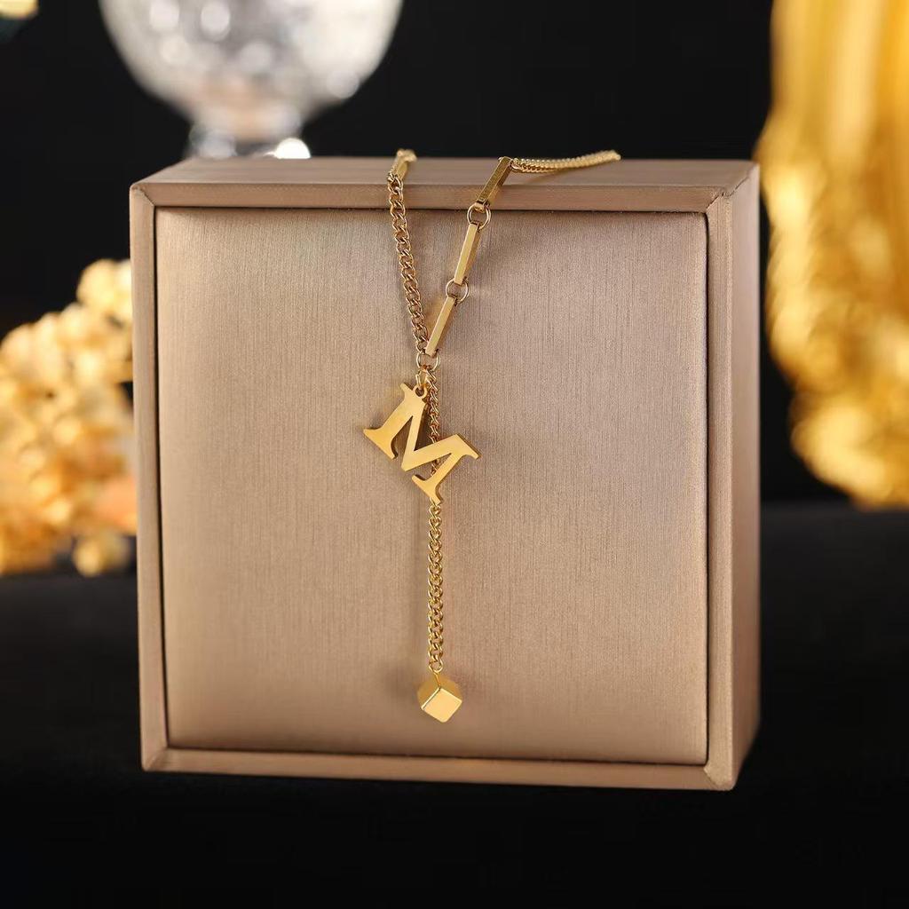 Minimalist Stainless Steel Tassel Necklace with 26-Letter Square Pendant