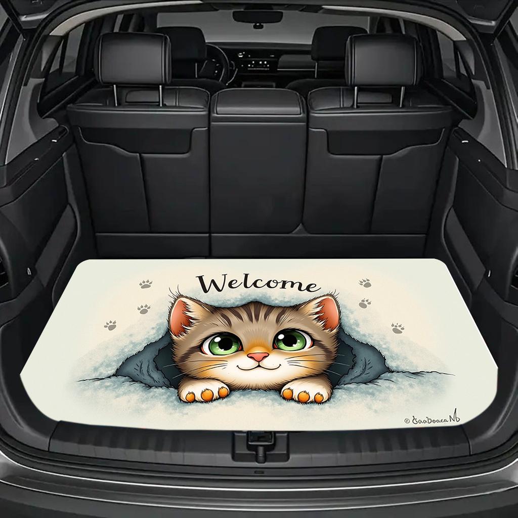1Pcs Kitten & Welcome Sign Car Trunk Mat Anti Slip Cargo Liner Waterproof Storage Protector for SUV Sedan