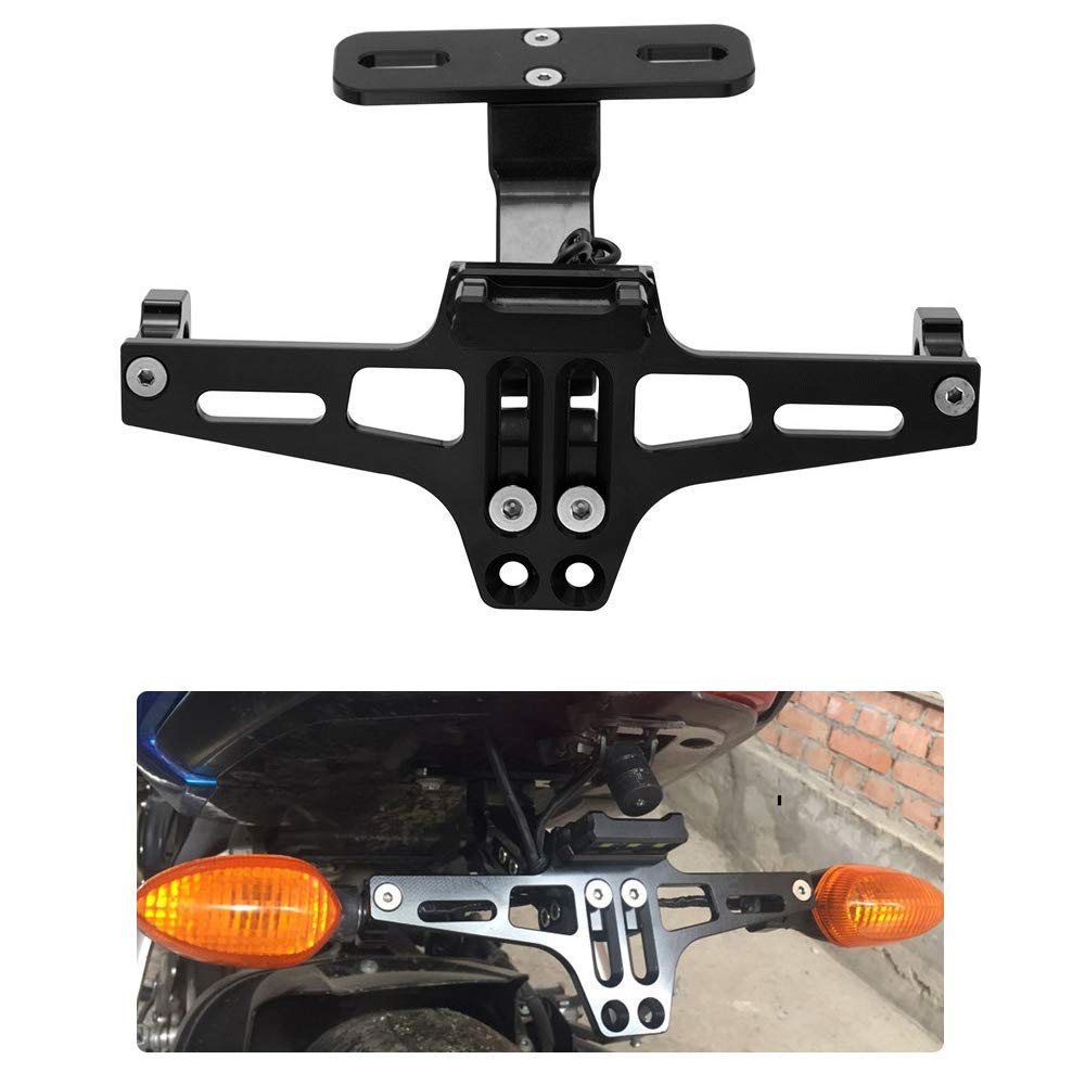 Karun Universal Motorcycle LED Light Rear License Plate Holder Adjustable Fender Eliminator Bracket (Black)