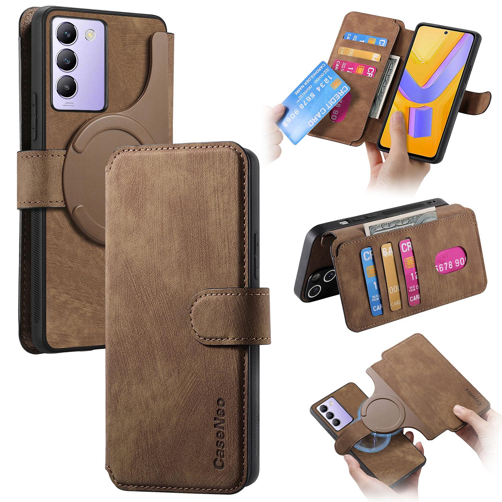 

For vivo V40 SE 5G Magnetic Case CASENEO Detachable Leather Phone Wallet Cover Brown